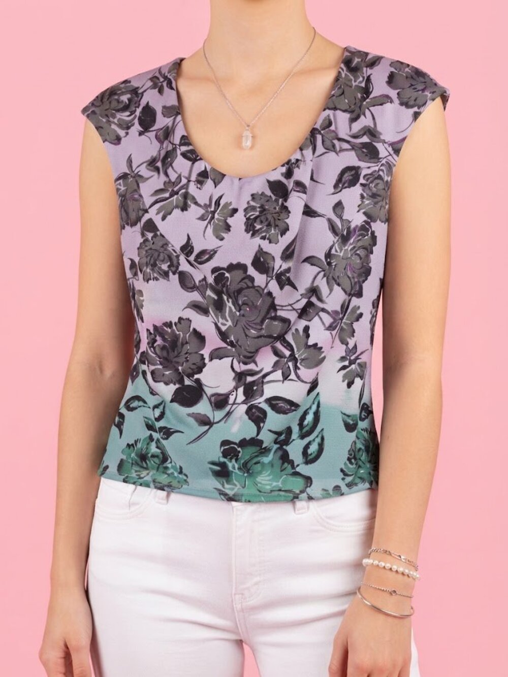 Purple Teal Ombre Floral Short Sleeve Top